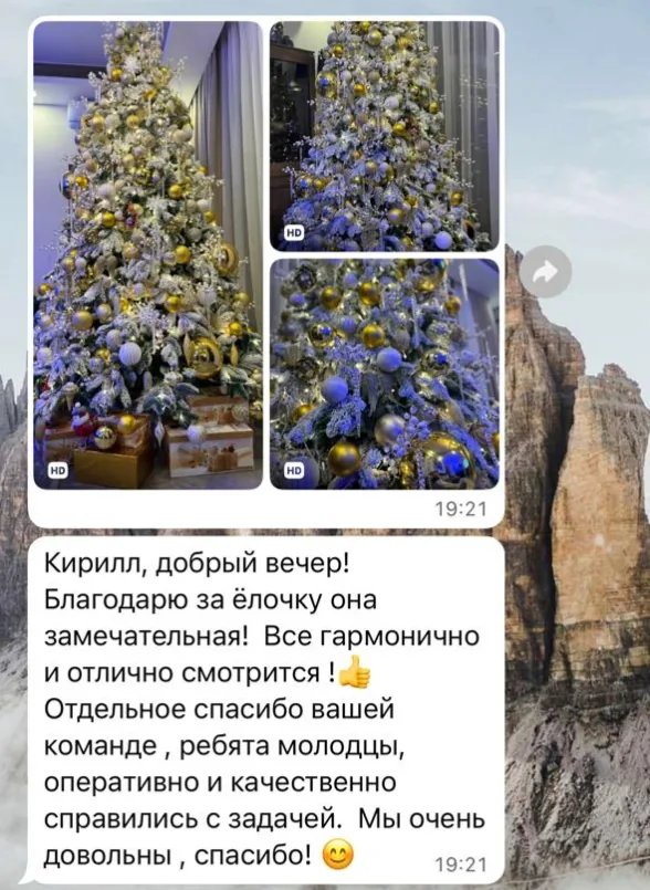 Скриншот отзыва клиента, 28 ноября 2025: Благодарю за ёлочку, она замечательная! Всё гармонично и отлично…
